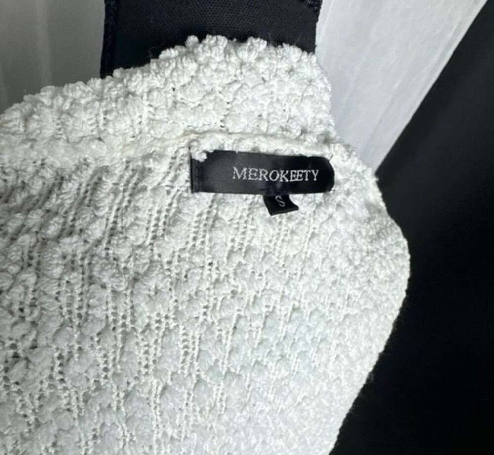 MEROKEETY White Popcorn Knit Mock Neck Tunic Sweater Size S - Picture 6 of 7